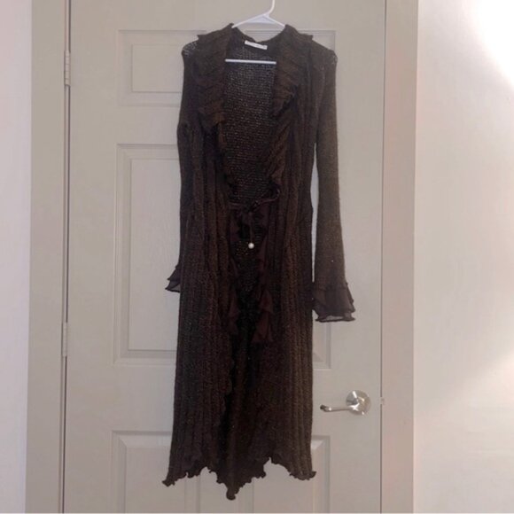 🎄Vintage Zone Bleue Brown Crochet Knit Long Sleeve Duster Cardigan Cozy Jacket - Picture 1 of 10